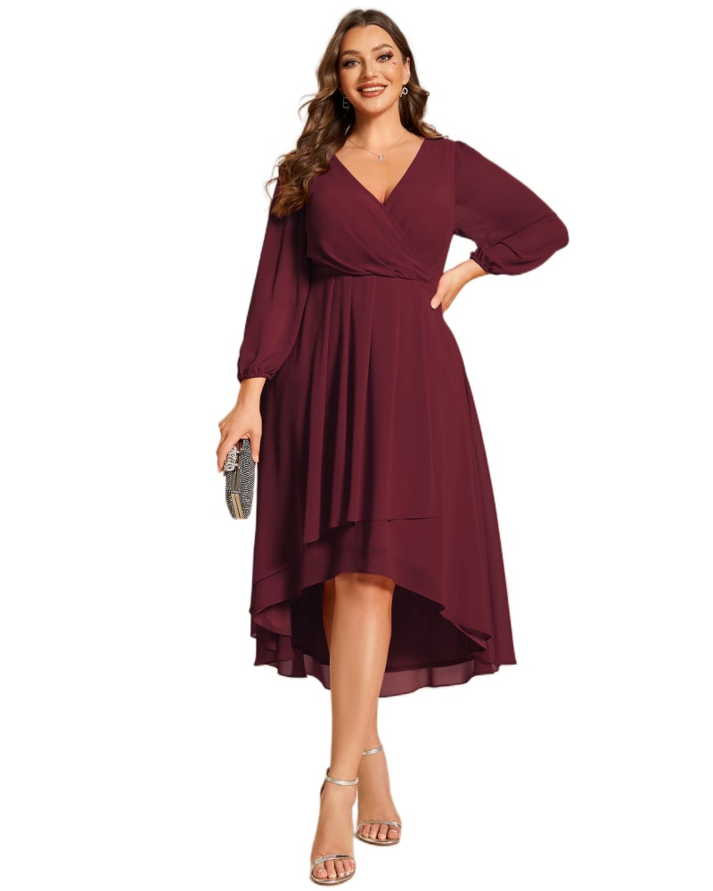 Front of a model wearing a size 22 Long Sleeves Asymmetrical Hem A-Line Midi Wedding Guest Dress in Burgundy by Ever-Pretty. | dia_product_style_image_id:321689
